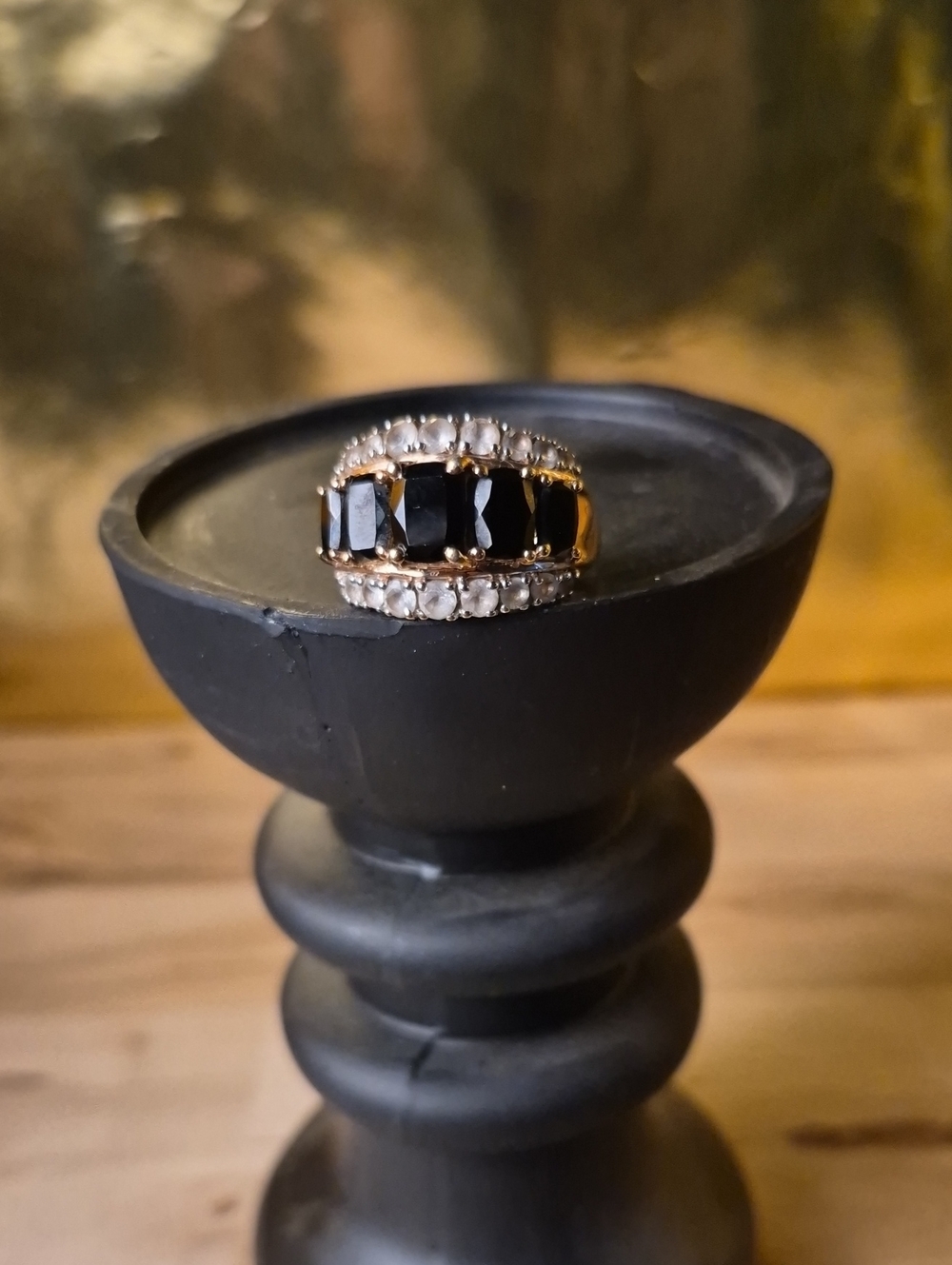 Gold-Tone Black Spinel and Clear Crystal CZ Ring